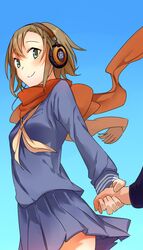  brown_hair green_eyes headphones idolmaster idolmaster_cinderella_girls scarf school_uniform serafuku short_hair skirt tada_riina 