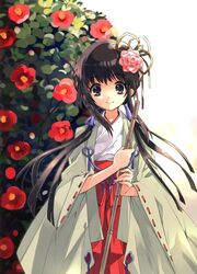  1girl bamboo_broom broom brown_eyes brown_hair flower hair_flower hair_ornament hakama itou_noiji japanese_clothes long_hair miko smile 