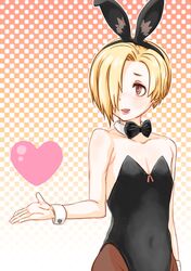  1girl animal_ears blonde_hair bowtie brown_eyes bunnysuit detached_collar hair_over_one_eye idolmaster idolmaster_cinderella_girls konishi_p pantyhose rabbit_ears shirasaka_koume short_hair wrist_cuffs 