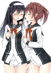  2girls blue_hair blush brown_hair closed_eyes futaba_aoi_(vividred_operation) isshiki_akane long_hair mouth_hold multiple_girls school_uniform short_hair short_shorts shorts tomato vividred_operation 