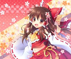  1girl ascot brown_eyes brown_hair detached_sleeves hair_tubes hakurei_reimu japanese_clothes long_hair mauve miko navel solo touhou 