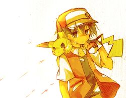  1boy baseball_cap black_hair gloves hat kinugasa_kaguya pikachu poke_ball pokemon satoshi_(pokemon) short_hair solo 