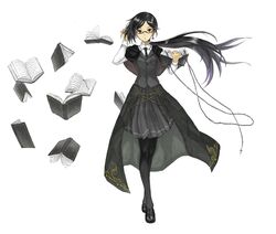  1girl absurdres black_hair book chain cocoroten formal glasses highres jewelry long_hair necktie open_book original pantyhose ponytail red_eyes simple_background single_earring solo vest white_background 