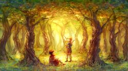 2boys blonde_hair brown_hair forest hunter_x_hunter kanmuri_(hanyifan30338) kurapika multiple_boys nature pairo tabard tree young 