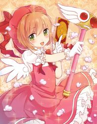  1girl brown_hair card cardcaptor_sakura clow_card dress fuuin_no_tsue gloves green_eyes hat holding holding_card kinomoto_sakura short_hair wand wings yukibuster 
