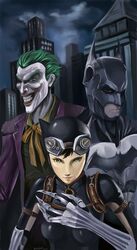  absurdres animal_ears batman batman_(series) bodysuit bow cat_ears catwoman claws dc_comics evil_grin evil_smile facepaint goggles green_hair grin highres injustice:_gods_among_us smile the_joker zombie_jump 
