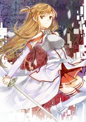  1girl asuna_(sao) bare_shoulders blush braid breasts brown_eyes brown_hair detached_sleeves elise_(piclic) long_hair skirt smile solo sword sword_art_online thigh-highs weapon white_legwear 