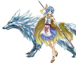  1girl absurdres armpits bandages blue_eyes blue_hair cloak cocoroten dress hair_over_one_eye highres original simple_background solo staff white_background wolf 