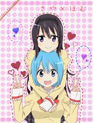  2girls :d ajisu_abeba akemi_homura blue_eyes blue_hair dotted_outline double_v hairband heart hug hug_from_behind long_hair mahou_shoujo_madoka_magica miki_sayaka multiple_girls open_mouth purple_eyes school_uniform short_hair smile v violet_eyes 