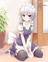 1girl apron black_legwear blue_dress blue_eyes braid dress garter_straps hair_ribbon highres izayoi_sakuya looking_at_viewer maid maid_headdress no_shoes open_door pen-zin plant potted_plant puffy_sleeves ribbon shirt short_sleeves silver_hair sitting solo thighhighs touhou twin_braids v_arms waist_apron wariza zettai_ryouiki