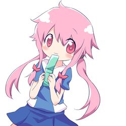  1girl ayakashi_(monkeypanch) blush bow cellphone gasai_yuno hair_bow mirai_nikki phone pink_eyes pink_hair skirt smile solo twintails white_background 