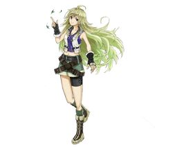  1girl absurdres belt blonde_hair boots cocoroten collarbone earrings fingerless_gloves gloves highres jewelry leaf midriff navel original red_eyes shorts simple_background smile solo tank_top vest white_background 