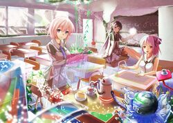  breasts classroom highres kyaro_(kyaro54) long_hair necktie original pink_hair red_eyes short_hair sitting skirt smile violet_eyes 