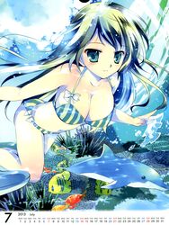  1girl 2013 absurdres barefoot bikini blue_eyes blush breasts calendar cleavage dolphin fish green_hair highres long_hair mikeou smile solo swimsuit underwater 