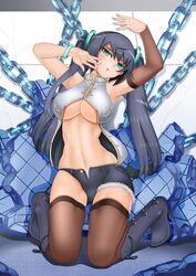  1girl black_legwear boots breasts chain green_eyes highres kneeling long_hair nail_polish oni-noboru original short_shorts shorts solo twintails under_boob 