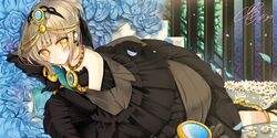  1girl alternate_hair_color alternate_hairstyle black_dress blue_rose blush brown_hair daisy dress elsword eve_(elsword) flower gloves jewelry necklace oao on_side rose shoes short_hair solo tiara yellow_eyes 