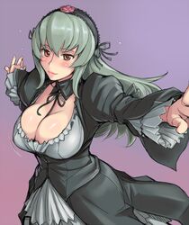 1girl breasts cleavage detached_collar dress green_hair headdress lips long_hair outstretched_arms purple_background red_eyes rozen_maiden rozenweapon simple_background smile spread_arms suigintou 