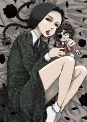  addams_family bed_sheet black_hair braid doll eyeball feathers licking no_shoes socks tongue tongue_out twin_braids wednesday_addams yanagida_shita 