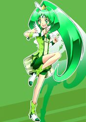  1girl bike_shorts choker cure_march dress green_background green_eyes green_hair gyuniku leg_up long_hair magical_girl midorikawa_nao ponytail precure shadow shorts_under_skirt skirt smile smile_precure! solo tiara 