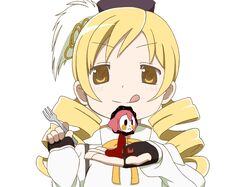  1girl :q beret blonde_hair charlotte_(madoka_magica) drill_hair fingerless_gloves fork gloves hat highres hoihoi magical_girl mahou_shoujo_madoka_magica smile tomoe_mami tongue twin_drills yellow_eyes 