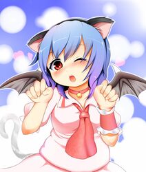  1girl animal_ears blue_eyes cat_ears collar fey_(broken_cage) heart highres paw_pose red_eyes remilia_scarlet solo touhou wink winkahoge wrist_cuffs 