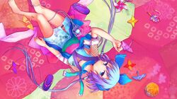  aoki_lapis blue_eyes crane fishnets gem hair_tubes lying ninja origami purple_hair shinryou_rei shoes_removed vocaloid 