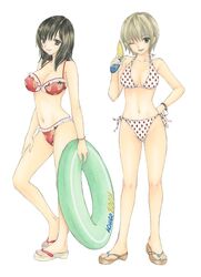  2girls bikini black_eyes black_hair blonde_hair ichigo_100_percent innertube multiple_girls nishino_tsukasa ozaki_mirai polka_dot polka_dot_bikini polka_dot_swimsuit sandals short_hair swimsuit toujou_aya water_gun 