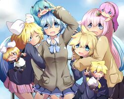  aqua_hair blonde_hair blue_eyes blue_hair chibi chibi_on_head hair_ribbon hatsune_miku kagamine_len kagamine_rin long_hair megurine_luka open_mouth pink_hair railing ribbon sakutyoko short_hair skirt twintails v very_long_hair vocaloid wink 