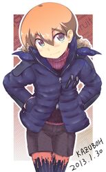  aioi_yuuko black_eyes brown_hair coat hands_in_pockets kazuboh nichijou pantyhose scarf short_hair shorts 