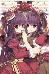  2girls ahoge bat_wings bell bow christmas_tree cream fur_trim hat holly hug impossible_clothes long_hair lowres merry_christmas mini_top_hat multiple_girls nail_polish open_mouth pleated_dress polka_dot purple_hair red_eyes rednian ribbon rion_flina short_hair sion_flina smile star striped sword_girls tongue tongue_out top_hat turtleneck very_long_hair wings wreath 