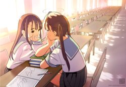  2girls brown_eyes brown_hair chair long_hair multiple_girls notebook original petting school_uniform serafuku sitting table twintails yasumori_zen 