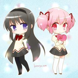  2girls akemi_homura black_hair black_legwear blue_eyes bow hair_ribbon hairband heart kaname_madoka ko_ru_ri long_hair mahou_shoujo_madoka_magica multiple_girls no_nose pantyhose pink_eyes pink_hair ribbon school_uniform short_hair skirt twintails valentine watermark web_address white_legwear 