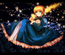  1girl a-o-i ahoge blonde_hair checkered checkered_floor dress excalibur fate/stay_night fate_(series) glowing glowing_sword glowing_weapon green_eyes saber solo sword weapon 