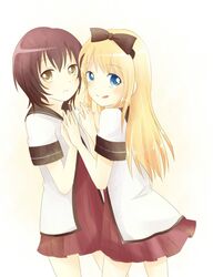  2girls :q black_hair blonde_hair blue_eyes bow brown_eyes funami_yui hair_bow highres looking_at_viewer multiple_girls open_mouth school_uniform serafuku tongue toshinou_kyouko watata white_background yuru_yuri 