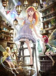  5girls barefoot bird blonde_hair blue_eyes blue_hair bottle dress fairy fairy_wings flower green_eyes green_hair hair_flower hair_ornament hair_ribbon jewelry lace lace_trim ladder lantern multiple_girls necklace orange_hair original pointy_ears potion red_eyes redhead ribbon shelves shirokichi sparkle twintails violet_eyes white_dress wings 