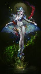  1girl angelos blue_eyes breasts butterfly butterfly_wings closed_eyes flower highres horns jewelry large_breasts leaf lips long_hair original petals shawl water white_hair wings 