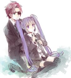  alternate_costume asbel_lhant blue_eyes brown_hair eyepatch formal necktie purple_hair shinono smile sophie_(tales_of_graces) suit tales_of_(series) tales_of_graces twintails violet_eyes 