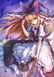  1girl apron blonde_hair bow braid broom broom_riding fal_maro hair_ribbon hat hat_bow highres kirisame_marisa long_hair ribbon side_braid smile solo touhou waist_apron witch_hat yellow_eyes 