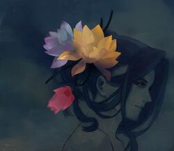  1boy alternate_hairstyle berserker_(fate/zero) fate/zero fate_(series) flower genichikou hair_flower hair_ornament hair_up long_hair lotus_(flower) profile purple_hair solo spot_color 