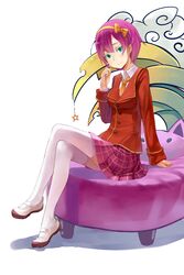  bow crossed_legs green_eyes hair_bow hairband necktie necolab original pink_hair school_uniform shoes short_hair sitting skirt stool thigh-highs uwabaki zettai_ryouiki 