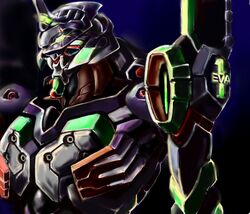 babbab eva_01 glowing glowing_eyes mecha neon_genesis_evangelion no_humans solo 