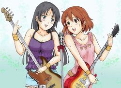  2girls akiyama_mio bass_guitar black_eyes black_hair blush bow brown_eyes brown_hair denim dress frilled_sleeves frills guitar hair_ornament hime_cut hirasawa_yui instrument k-on! long_hair microphone microphone_stand multiple_girls open_mouth pink_dress ribbon singing sweat tank_top wristband yrk_yuriko 