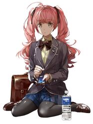  1girl ahoge bag black_legwear blazer bottle bowtie cellphone green_eyes hair_ribbon komecchi loafers long_hair original pantyhose phone pink_hair pleated_skirt ribbon school_bag shoes simple_background sitting skirt smartphone solo twintails wariza water_bottle 