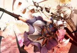  1girl apron belt black_gloves blue_dress boots dress gloves holster izayoi_sakuya looking_at_viewer maid maid_headdress mouth_hold pocket_watch puffy_sleeves red_eyes shirt short_hair silver_hair solo toufu_koubou touhou waist_apron watch wrist_cuffs 