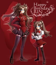  2girls black_legwear child dual_persona fate/stay_night fate/zero fate_(series) hair_ribbon happy_birthday long_hair multiple_girls ribbon stell_stell teenage toosaka_rin twintails two_side_up young 
