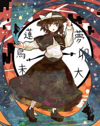  1girl blonde_hair blush bow brown_eyes brown_hair capelet clock hat hat_bow hat_ribbon maribel_hearn open_mouth ribbon ringetsumon shirt short_hair silhouette skirt smile solo touhou usami_renko yakumo_yukari 