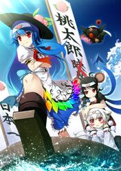  3girls :x animal_ears boat chima_q crossed_arms food fox_ears fruit hat headband highres hinanawi_tenshi houjuu_nue inubashiri_momiji mouse_ears multiple_girls peach pointy_ears reiuji_utsuho reiuji_utsuho_(bird) touhou 