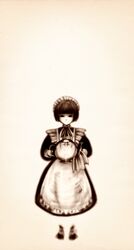  1girl absurdres apron drawfag highres maid maid_headdress sepia shirley shirley_medison short_hair smile soft_focus solo symmetry teapot 