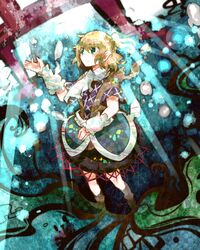  1girl arm_warmers blonde_hair green_eyes mizuhashi_parsee pointy_ears ponytail ringetsumon scarf shirt short_hair short_sleeves skirt solo standing touhou water 