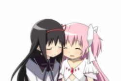  2girls acgin akemi_homura blush closed_eyes flat_chest goddess_madoka kaname_madoka magical_girl mahou_shoujo_madoka_magica multiple_girls open_mouth pink_hair ribbon simple_background smile spoilers white_background 